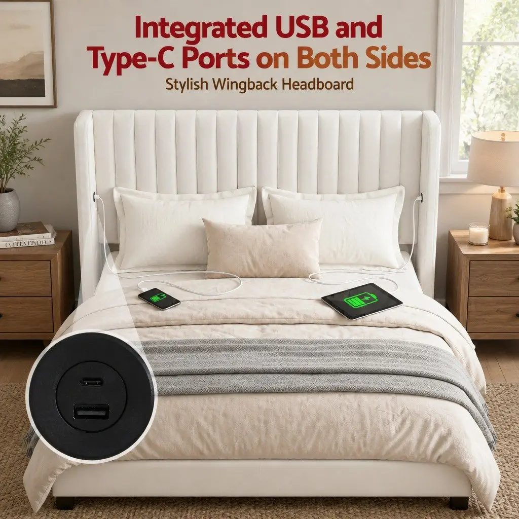 Double Bed Frame with Gaslift Storage USB Type-C Charging Ports Velvet White