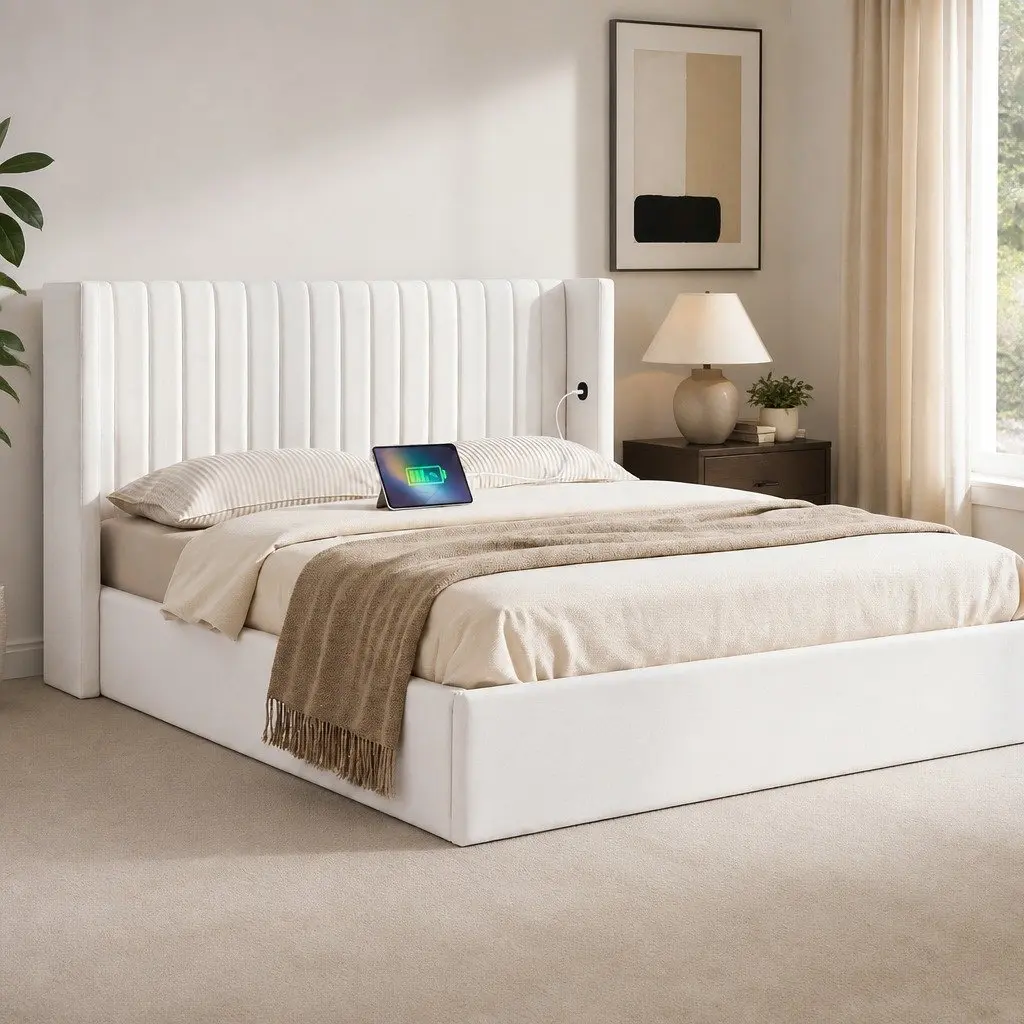 Double Bed Frame with Gaslift Storage USB Type-C Charging Ports Velvet White