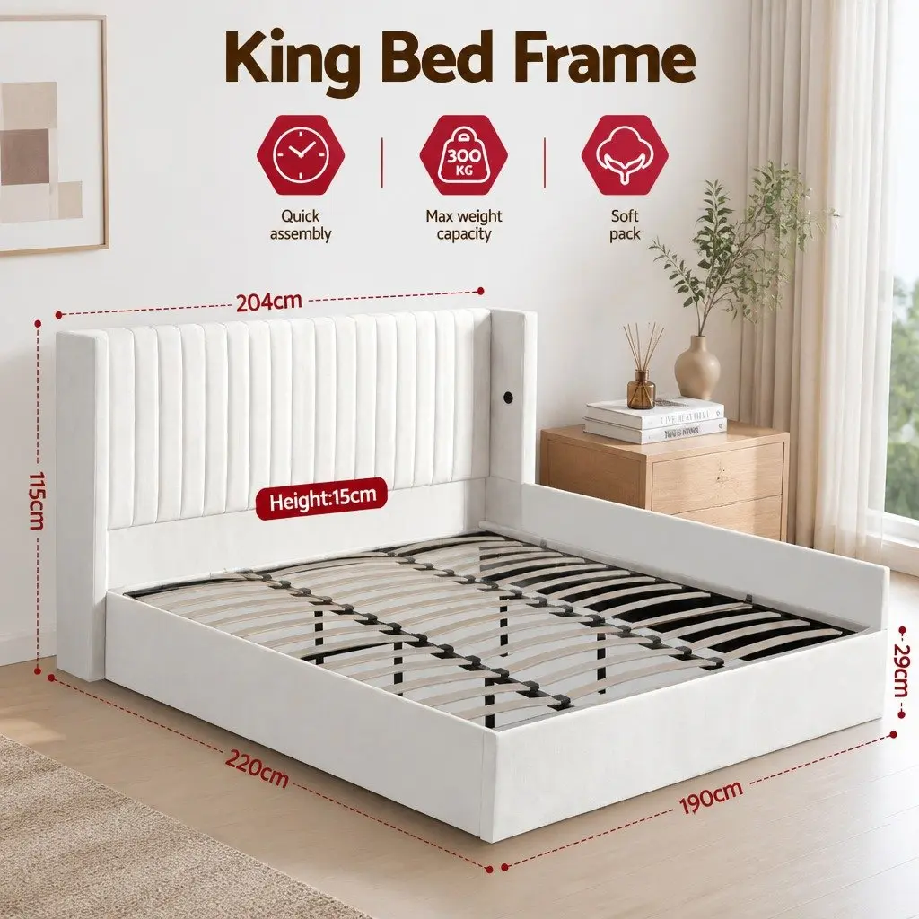 King Bed Frame Gaslift Storage Dual USB Type-C Charging Ports Velvet White