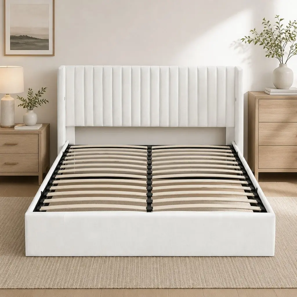 King Bed Frame Gaslift Storage Dual USB Type-C Charging Ports Velvet White