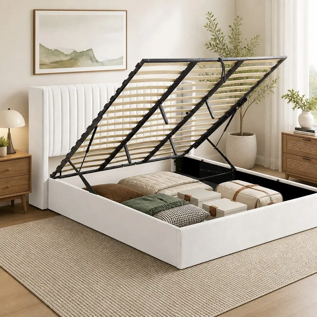 King Bed Frame Gaslift Storage Dual USB Type-C Charging Ports Velvet White