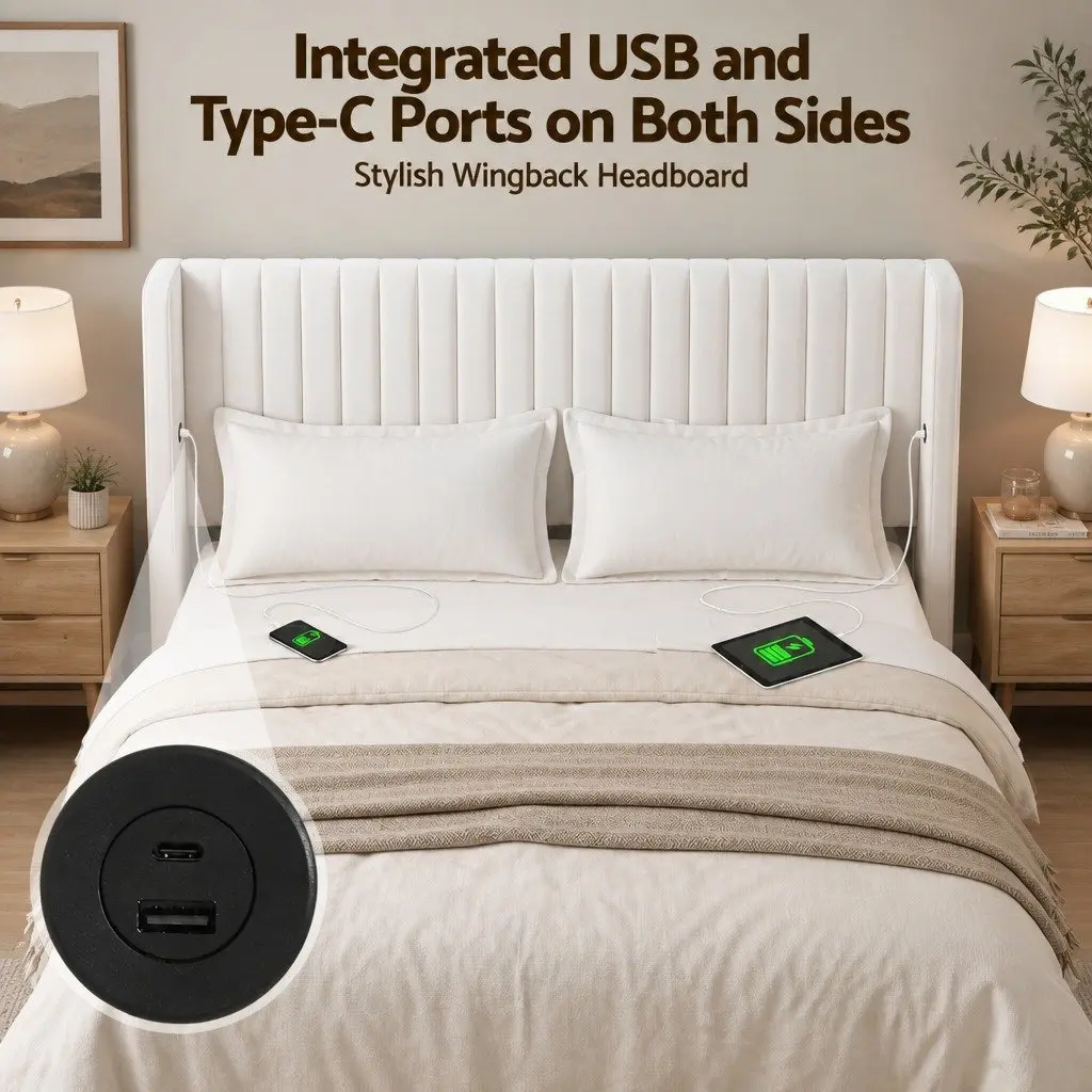 King Bed Frame Gaslift Storage Dual USB Type-C Charging Ports Velvet White