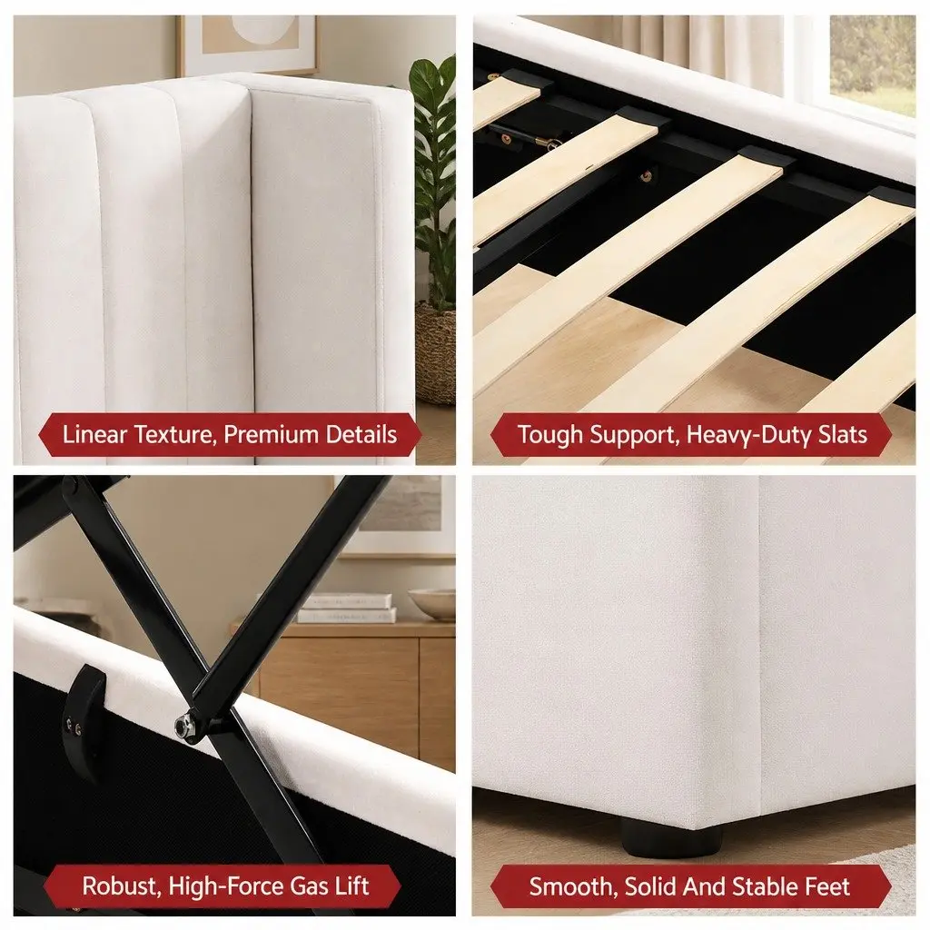 King Bed Frame Gaslift Storage Dual USB Type-C Charging Ports Velvet White