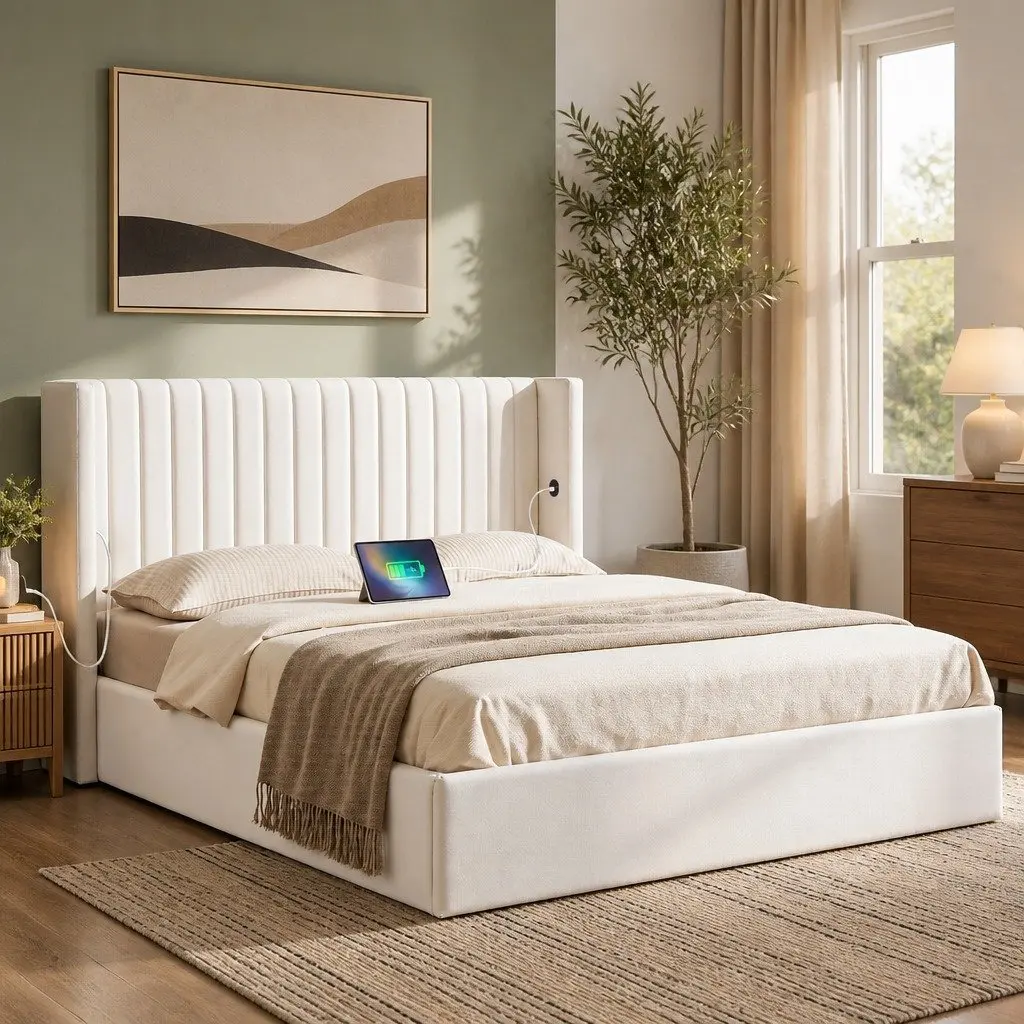 Queen Bed Frame with Gaslift Storage Dual USB Type-C Charging Ports Velvet