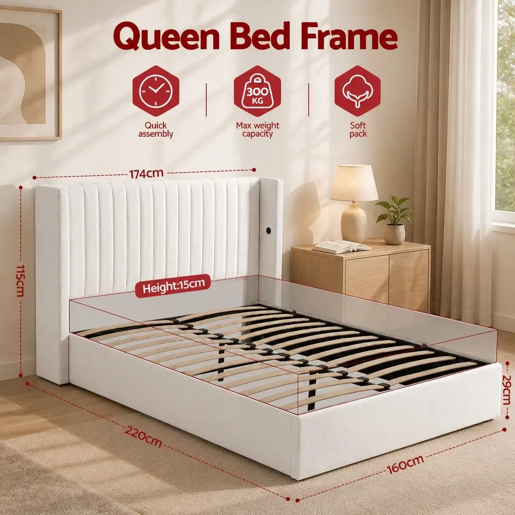 Queen Bed Frame with Gaslift Storage Dual USB Type-C Charging Ports Velvet
