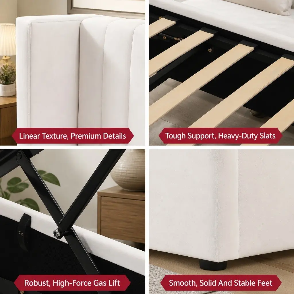 Queen Bed Frame with Gaslift Storage Dual USB Type-C Charging Ports Velvet