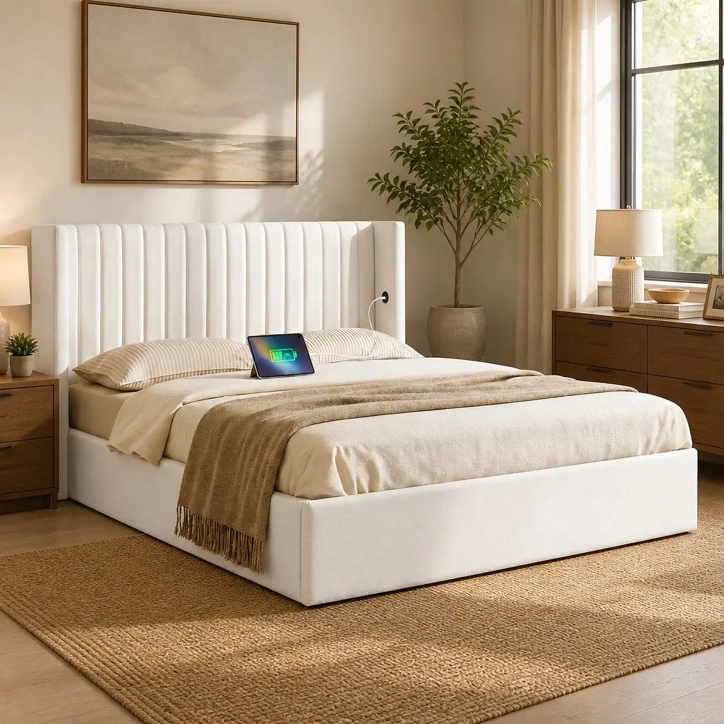 Queen Bed Frame with Gaslift Storage Dual USB Type-C Charging Ports Velvet