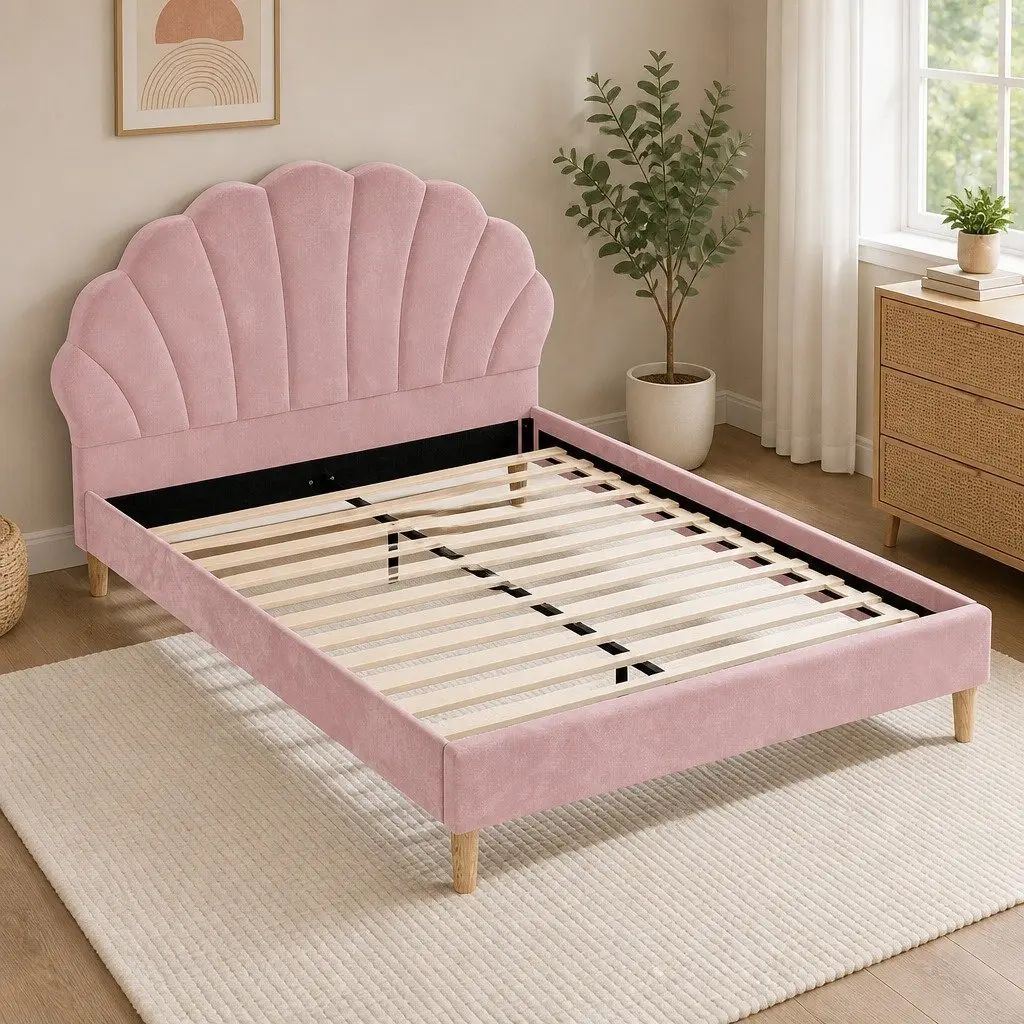 Double Bed Frame in Pink Velvet Fabric