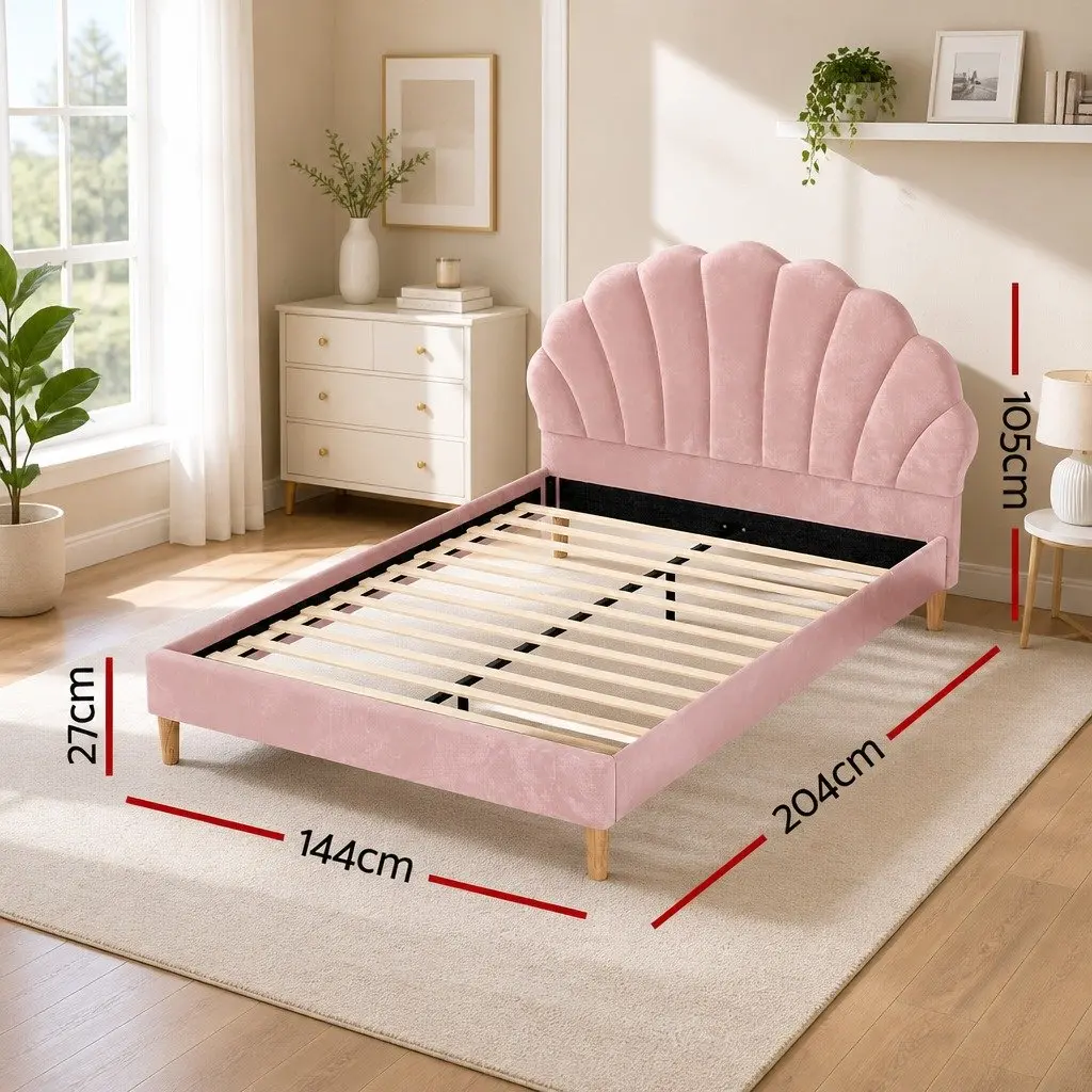 Double Bed Frame in Pink Velvet Fabric