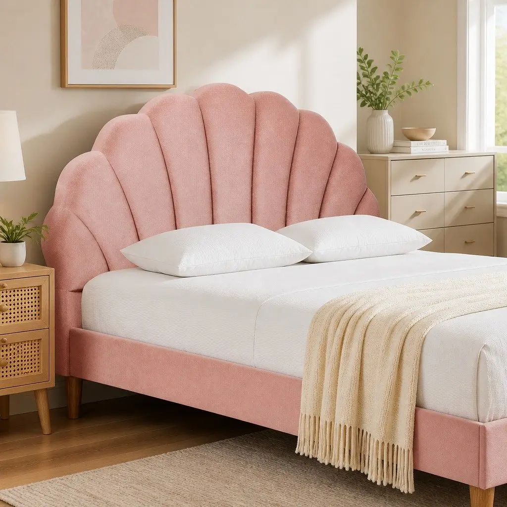 Double Bed Frame in Pink Velvet Fabric