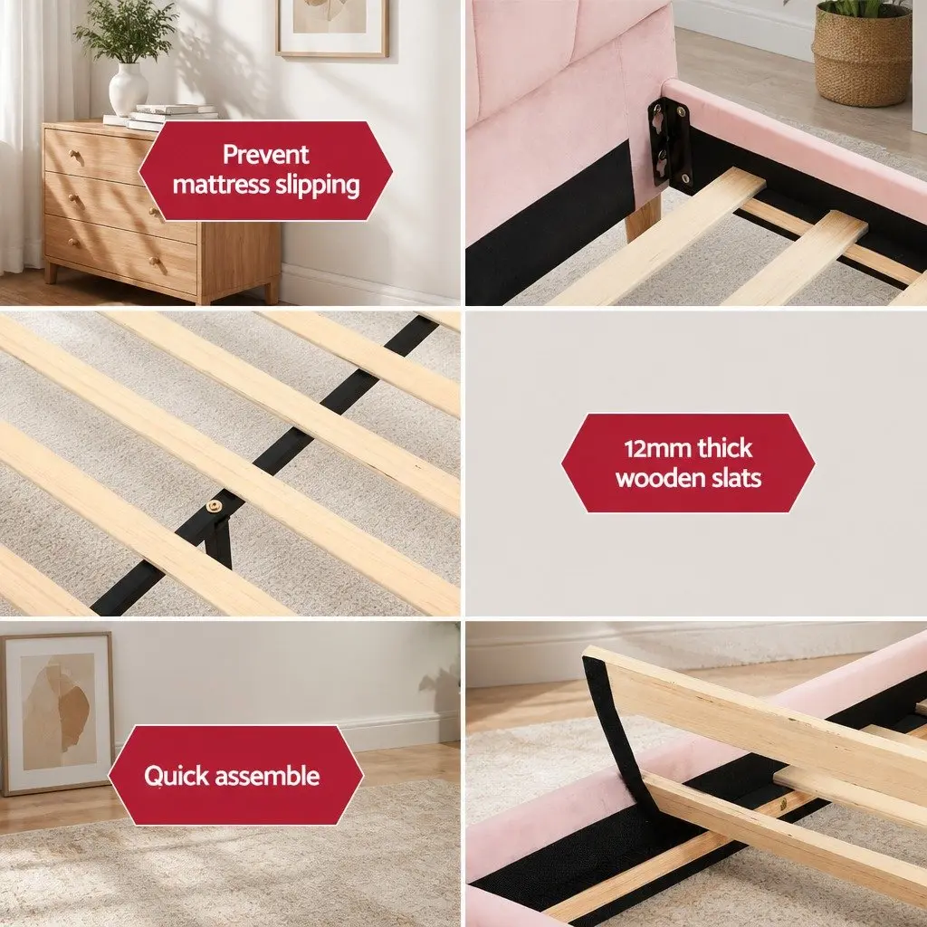 Double Bed Frame in Pink Velvet Fabric