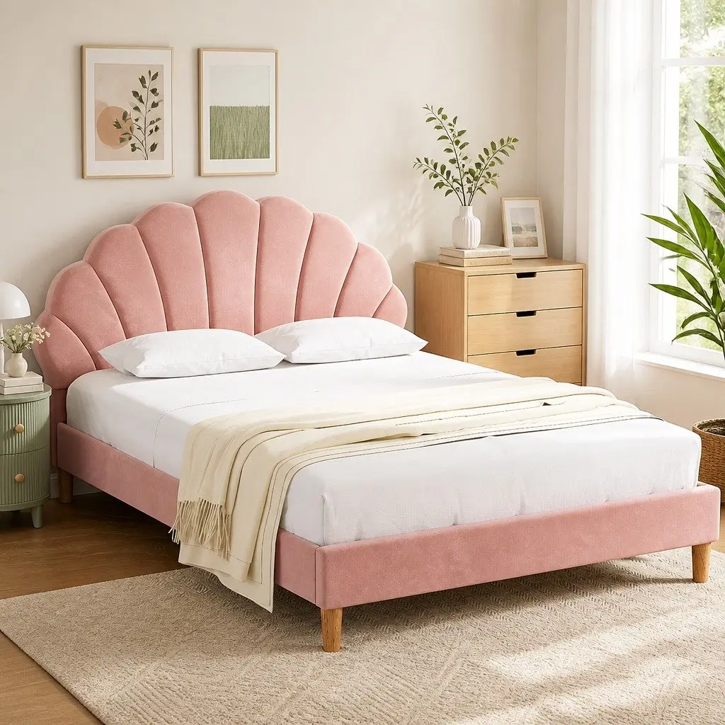 Double Bed Frame in Pink Velvet Fabric