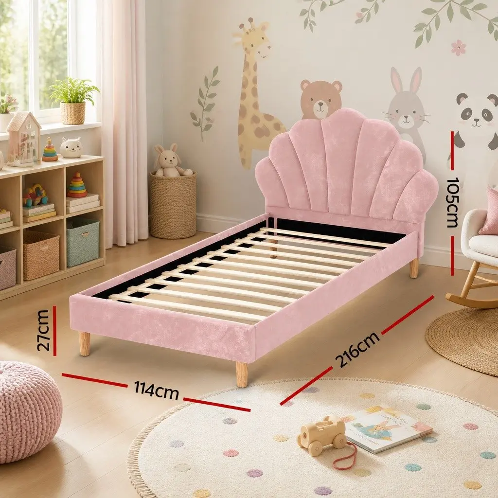 King Single Bed Frame Scallop Upholstered Velvet Pink 216cm x 114cm x 105cm