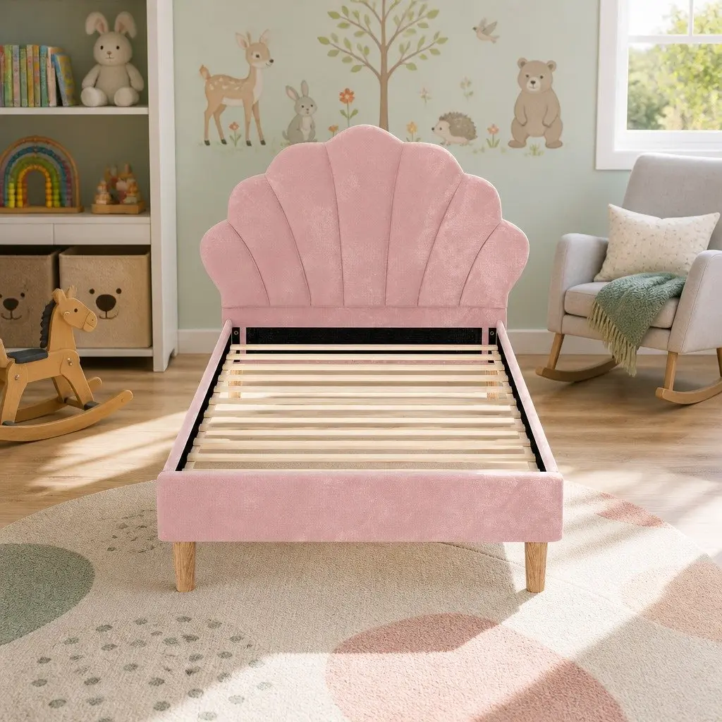 King Single Bed Frame Scallop Upholstered Velvet Pink 216cm x 114cm x 105cm