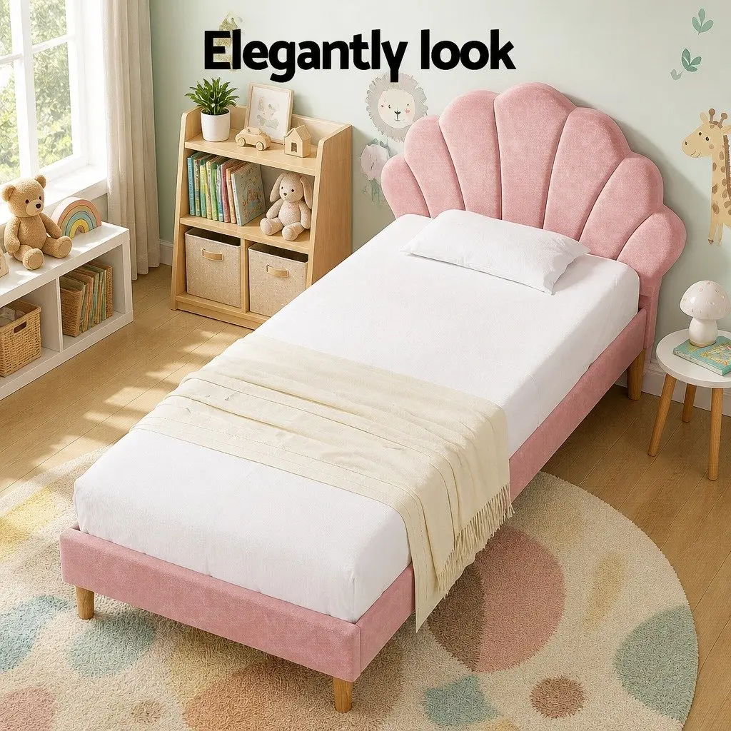 King Single Bed Frame Scallop Upholstered Velvet Pink 216cm x 114cm x 105cm