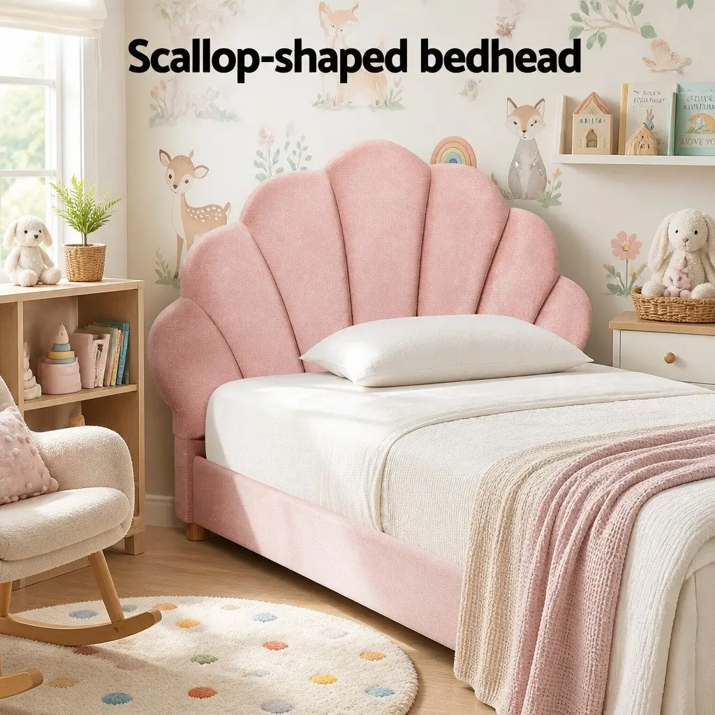 King Single Bed Frame Scallop Upholstered Velvet Pink 216cm x 114cm x 105cm
