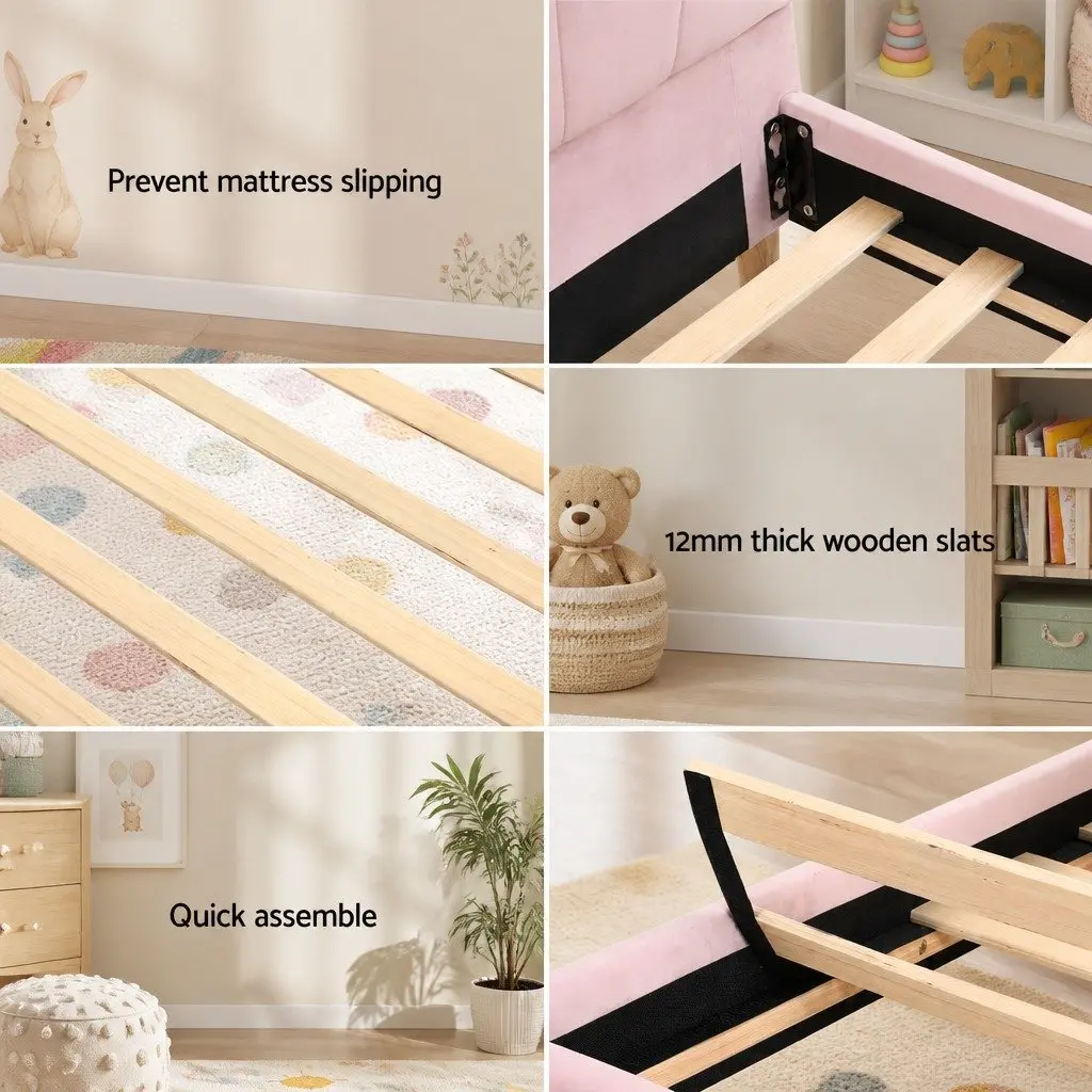 King Single Bed Frame Scallop Upholstered Velvet Pink 216cm x 114cm x 105cm