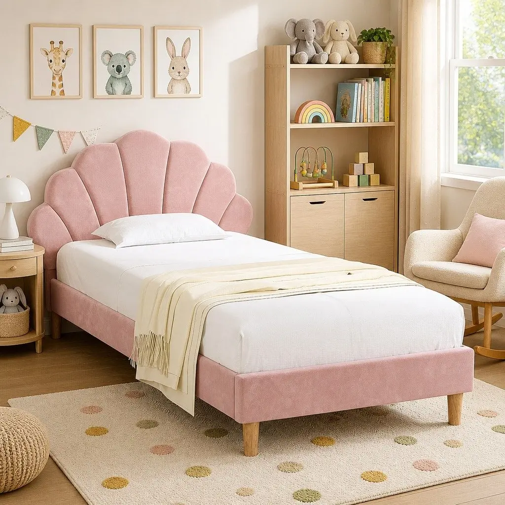 King Single Bed Frame Scallop Upholstered Velvet Pink 216cm x 114cm x 105cm