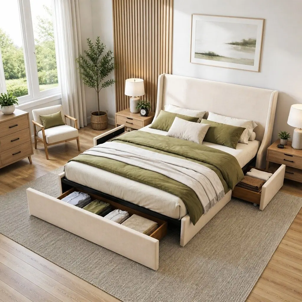 Double Upholstered Bed Frame with Wingback Headboard and 3 Storage Drawers Beige 149W x 204L x 111H cm