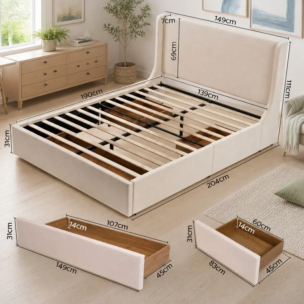 Double Upholstered Bed Frame with Wingback Headboard and 3 Storage Drawers Beige 149W x 204L x 111H cm
