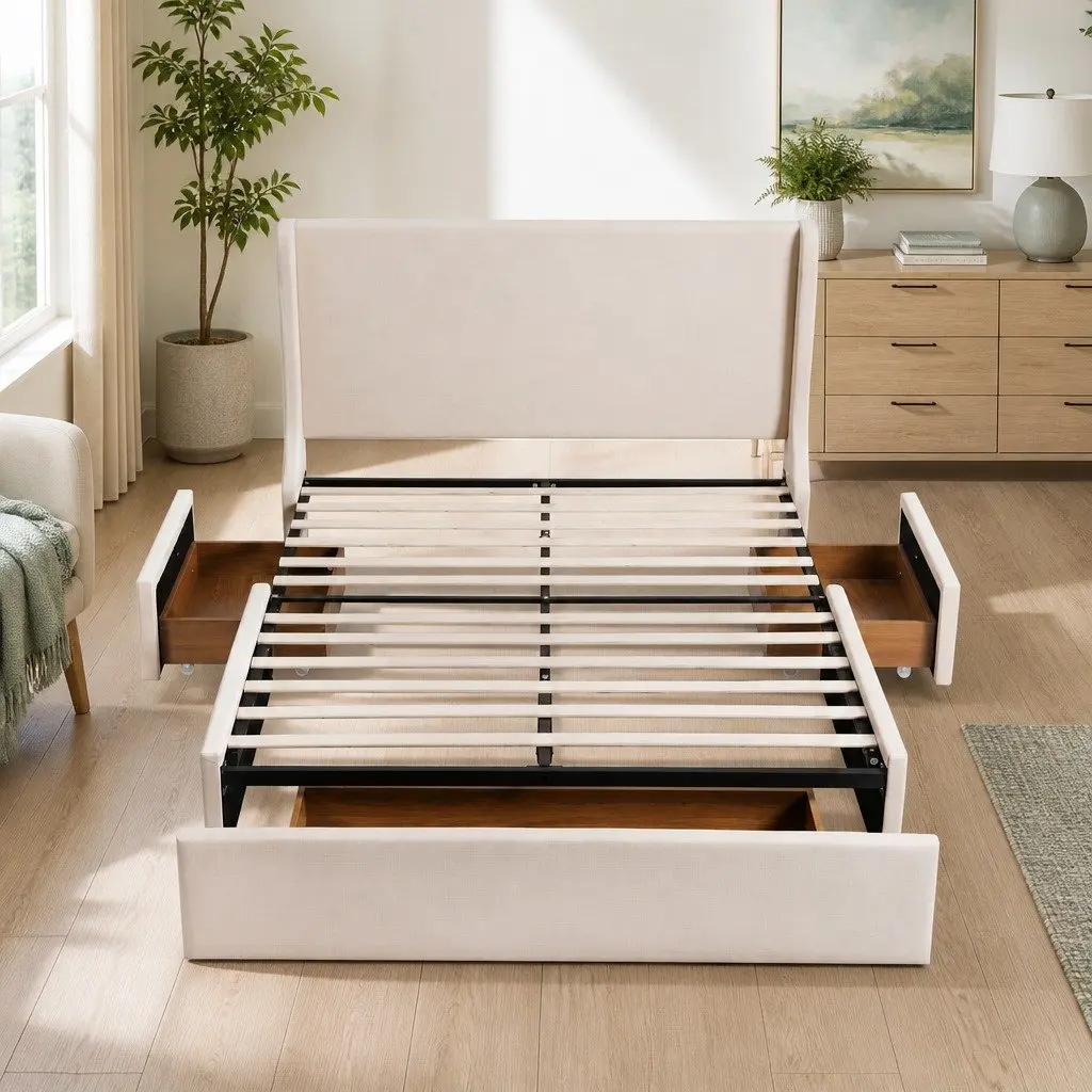 Double Upholstered Bed Frame with Wingback Headboard and 3 Storage Drawers Beige 149W x 204L x 111H cm