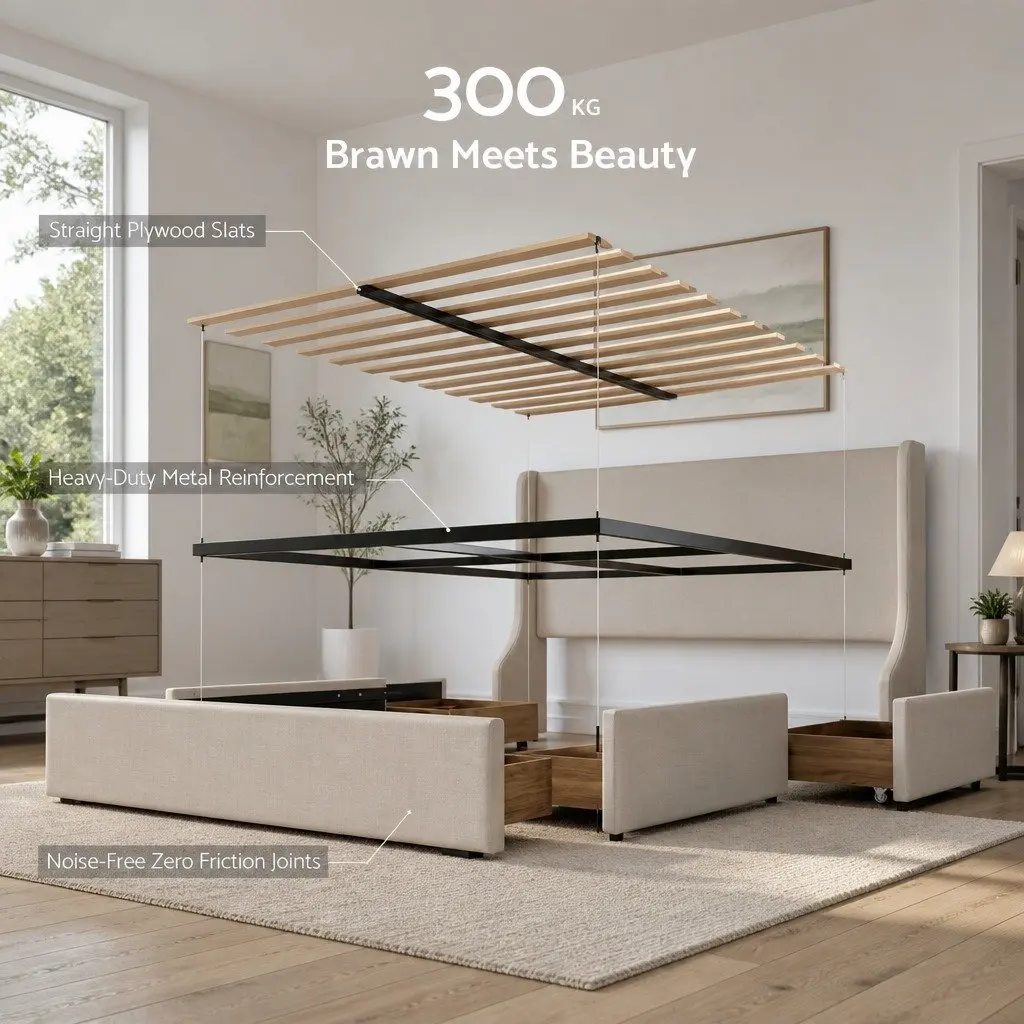 Double Upholstered Bed Frame with Wingback Headboard and 3 Storage Drawers Beige 149W x 204L x 111H cm