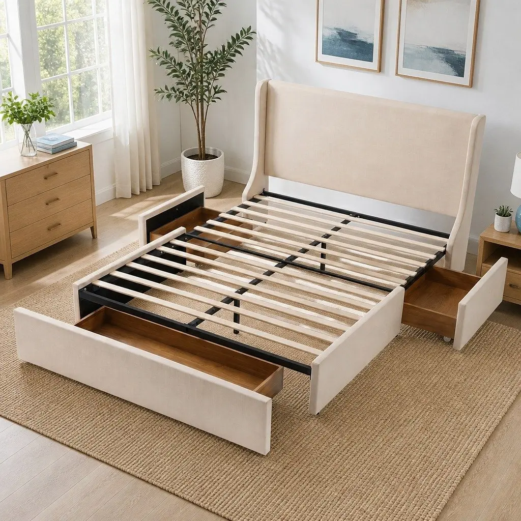 Queen Upholstered Bed Frame with Storage Drawers Wingback Headboard Beige