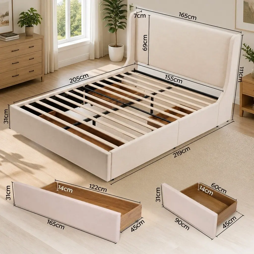 Queen Upholstered Bed Frame with Storage Drawers Wingback Headboard Beige