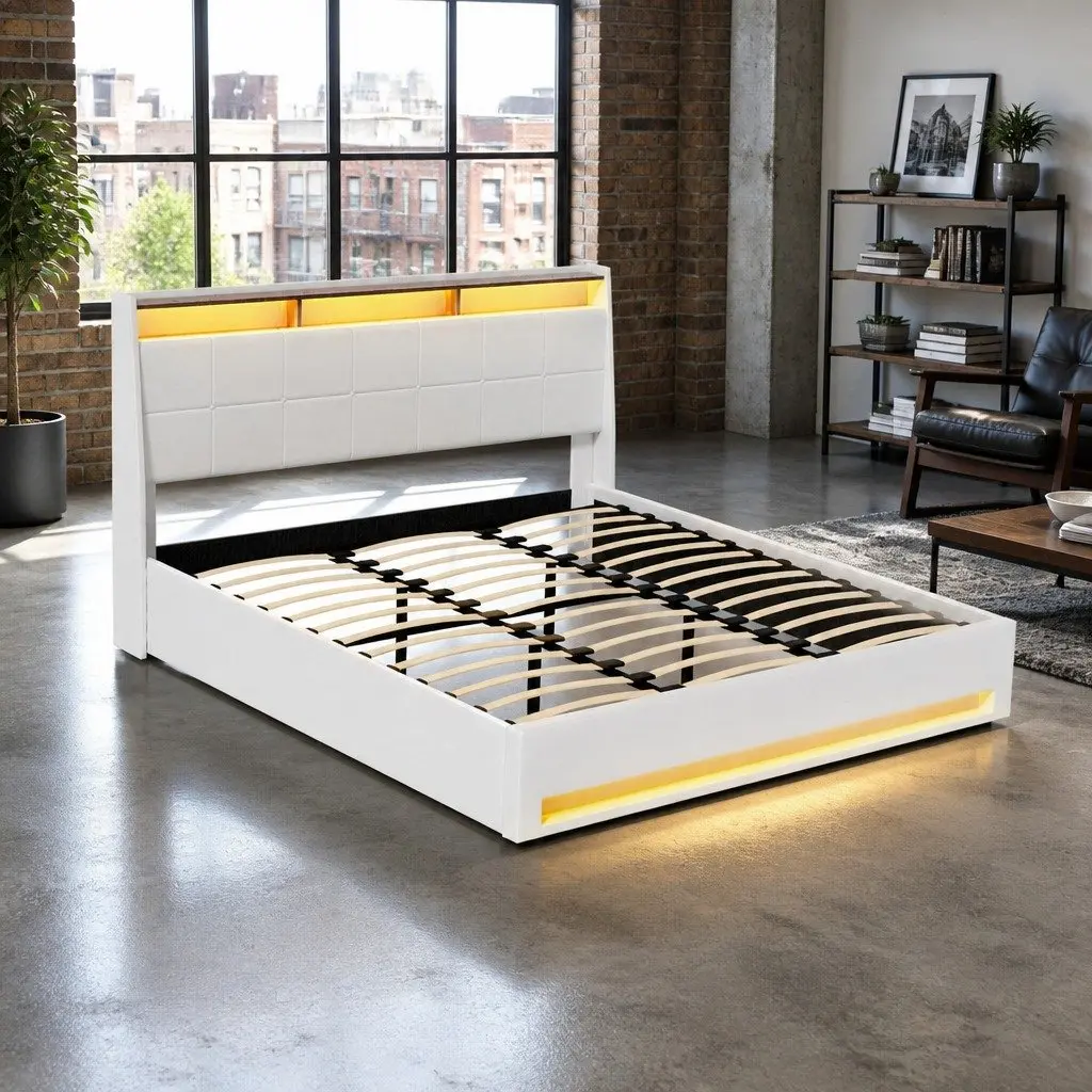 King Size Gas Lift Bed Frame Storage White with LED Lights and Upholstered Headboard