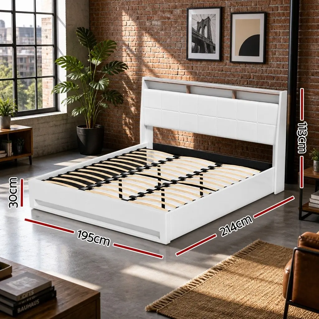 King Size Gas Lift Bed Frame Storage White with LED Lights and Upholstered Headboard