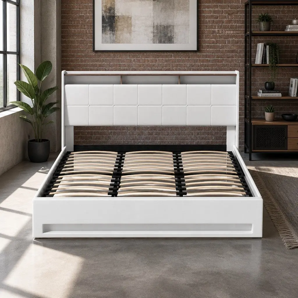King Size Gas Lift Bed Frame Storage White with LED Lights and Upholstered Headboard