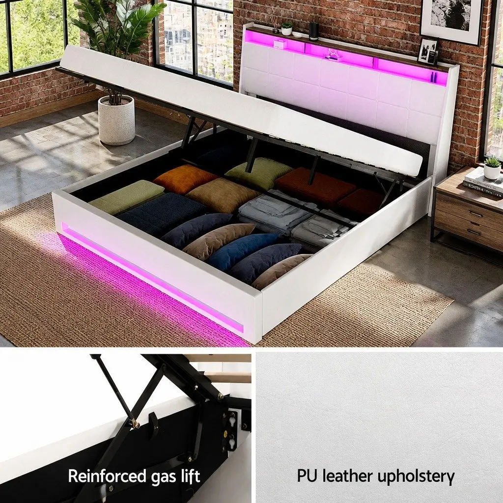 King Size Gas Lift Bed Frame Storage White with LED Lights and Upholstered Headboard