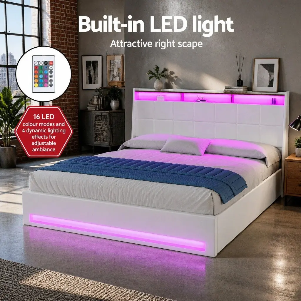 King Size Gas Lift Bed Frame Storage White with LED Lights and Upholstered Headboard