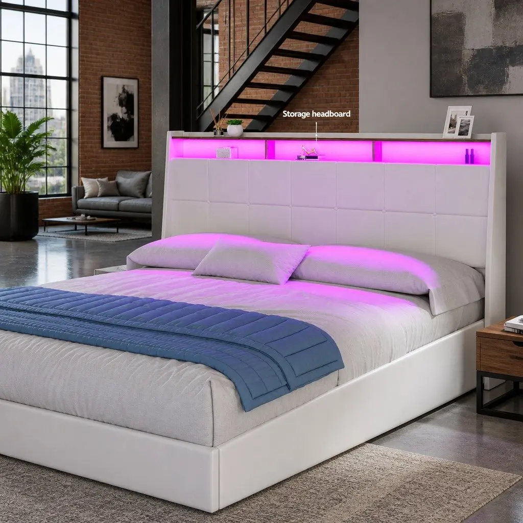 King Size Gas Lift Bed Frame Storage White with LED Lights and Upholstered Headboard
