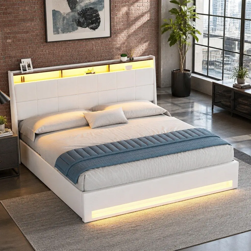 King Size Gas Lift Bed Frame Storage White with LED Lights and Upholstered Headboard