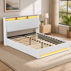 Queen Size Gas Lift Bed Frame with LED Headboard Storage Platform White