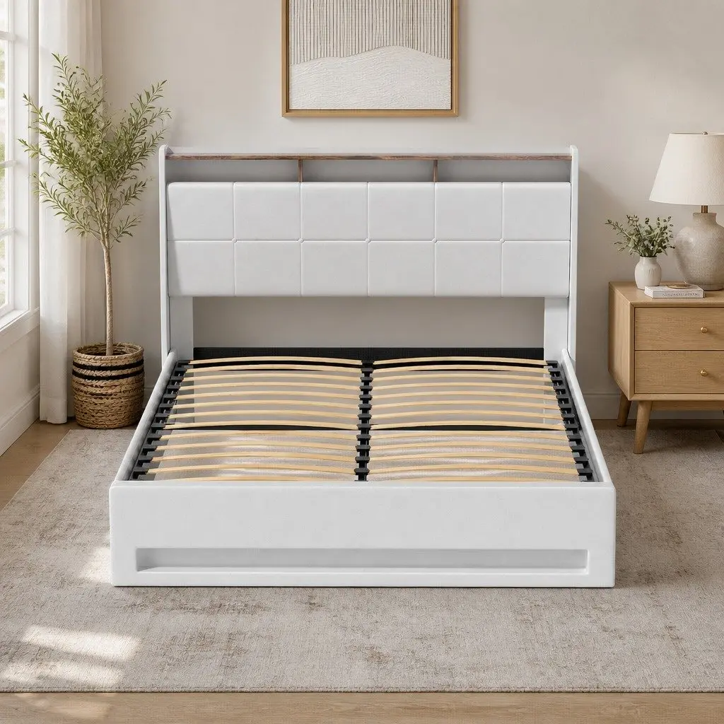 Gas Lift Bed Frame Queen Size with Storage LED Headboard White
