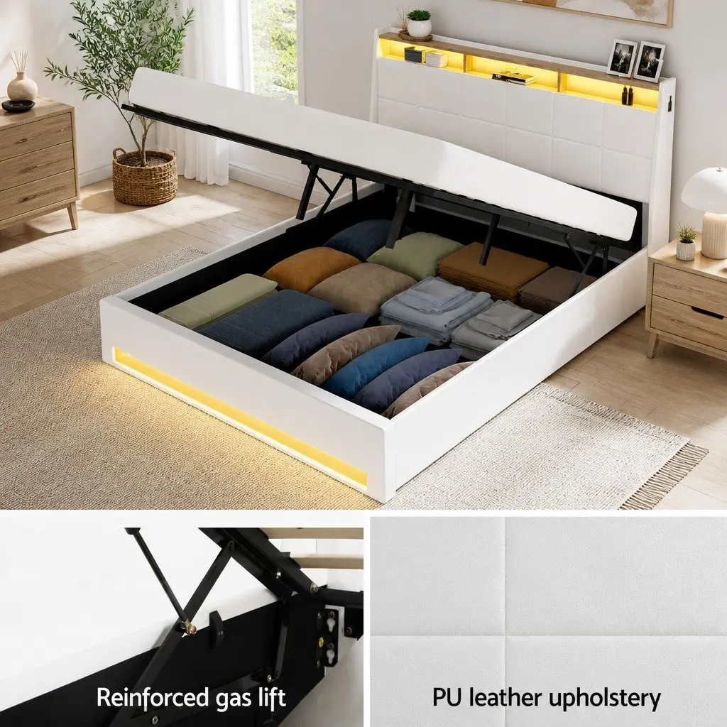 Gas Lift Bed Frame Queen Size with Storage LED Headboard White
