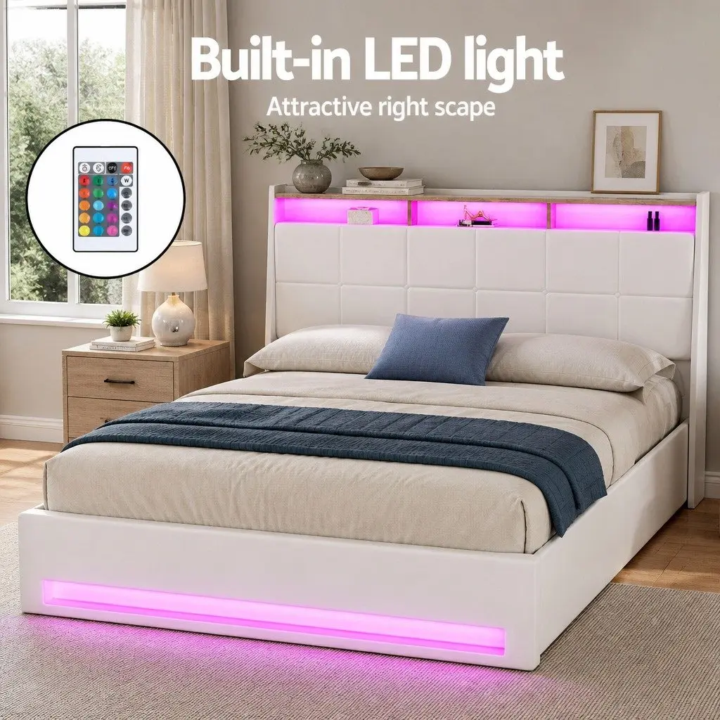 Gas Lift Bed Frame Queen Size with Storage LED Headboard White