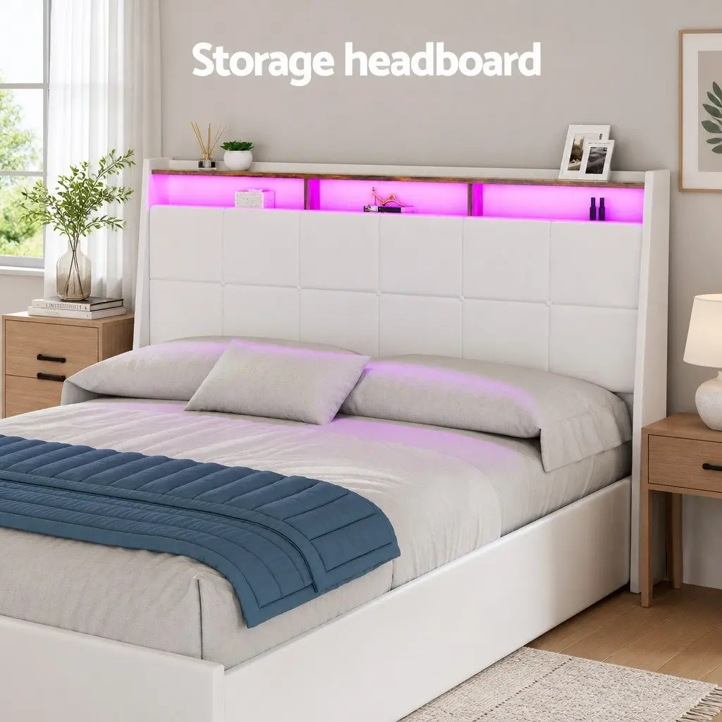 Gas Lift Bed Frame Queen Size with Storage LED Headboard White