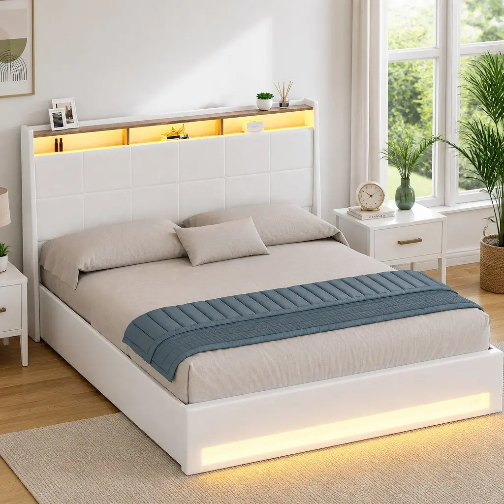Gas Lift Bed Frame Queen Size with Storage LED Headboard White