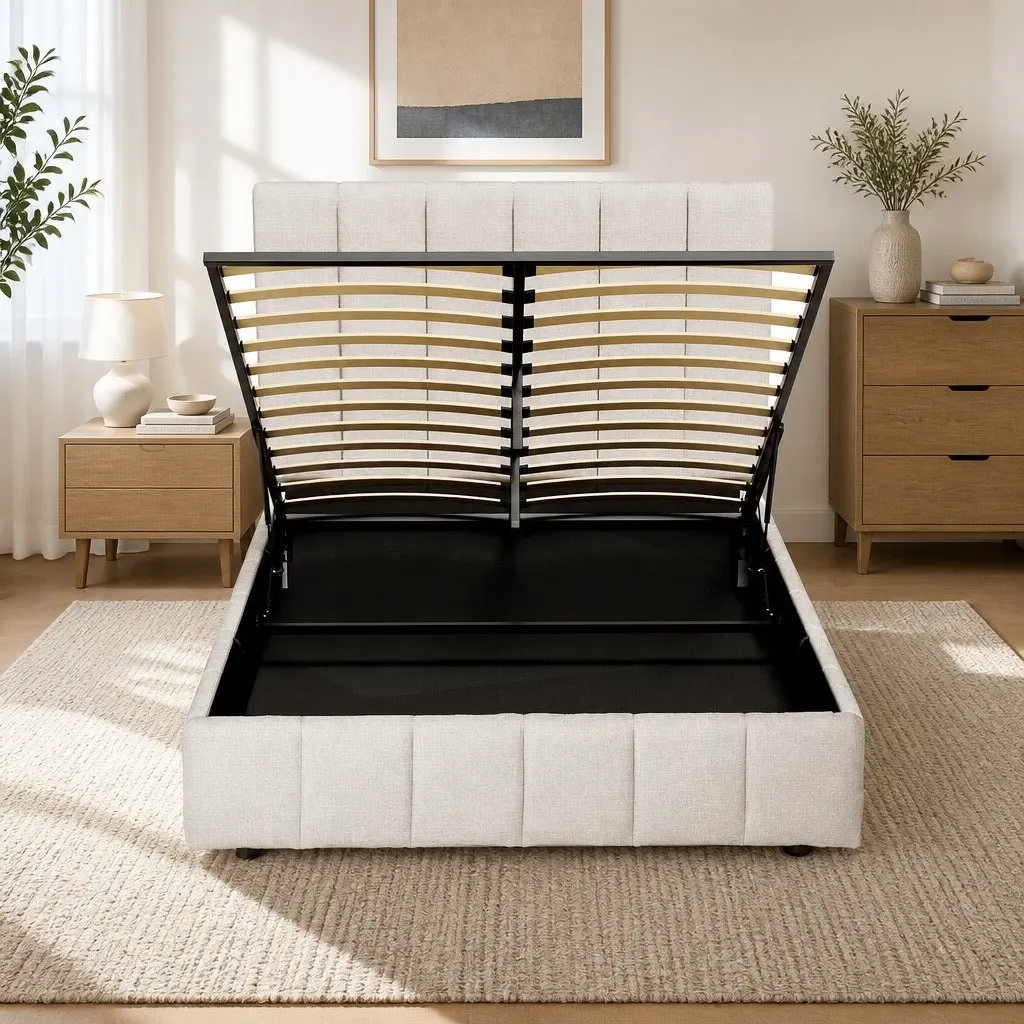 Double Bed Frame Beige Upholstered Linen Gas Lift Storage Wooden Slat Base