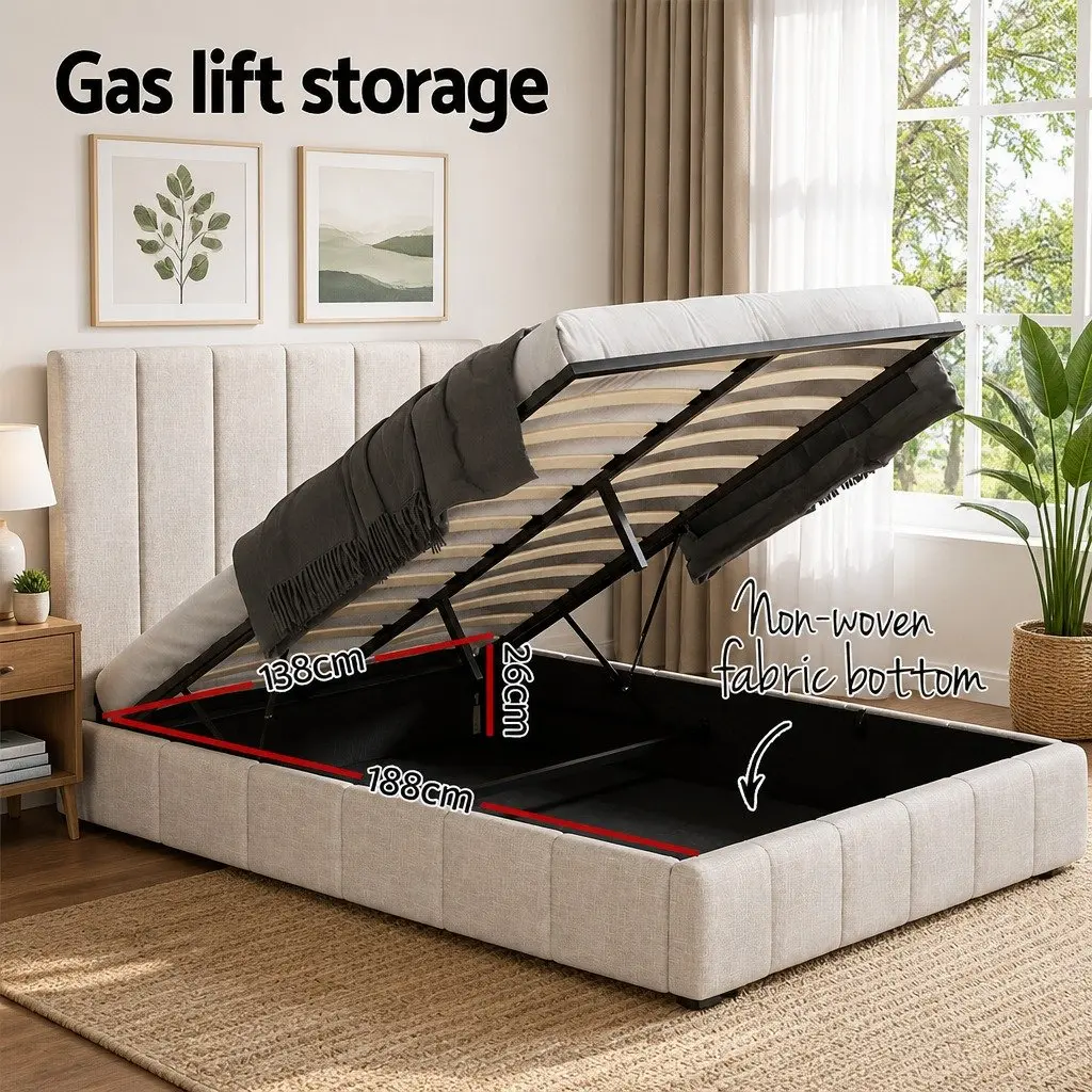 Double Bed Frame Beige Upholstered Linen Gas Lift Storage Wooden Slat Base