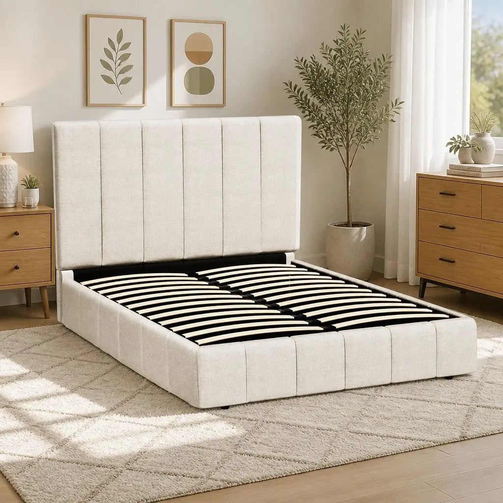 Double Bed Frame Beige Upholstered Linen Gas Lift Storage Wooden Slat Base