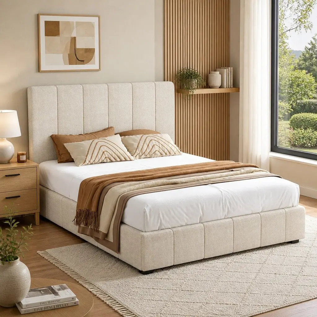 Queen Bed Frame Gas Lift Storage Upholstered Linen Beige 217cm x 165cm x 124cm