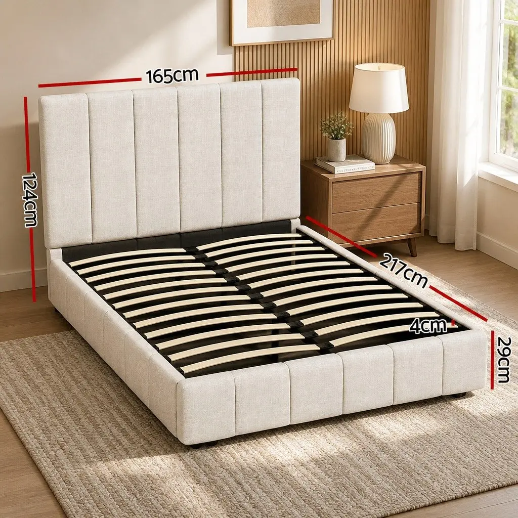 Queen Bed Frame Gas Lift Storage Upholstered Linen Beige 217cm x 165cm x 124cm