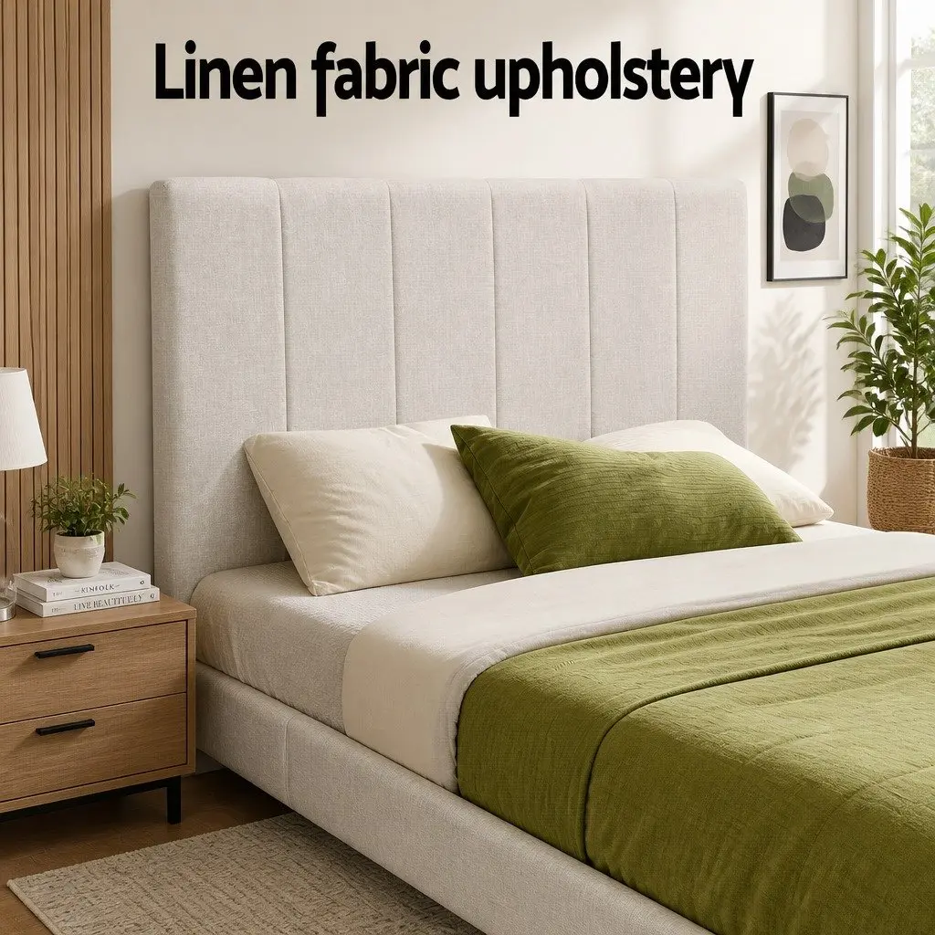 Queen Bed Frame Gas Lift Storage Upholstered Linen Beige 217cm x 165cm x 124cm