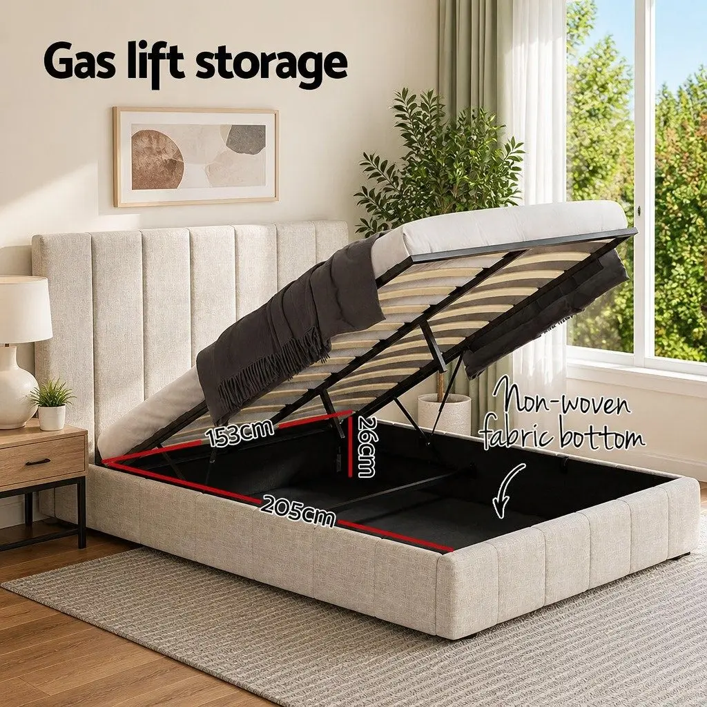 Queen Bed Frame Gas Lift Storage Upholstered Linen Beige 217cm x 165cm x 124cm