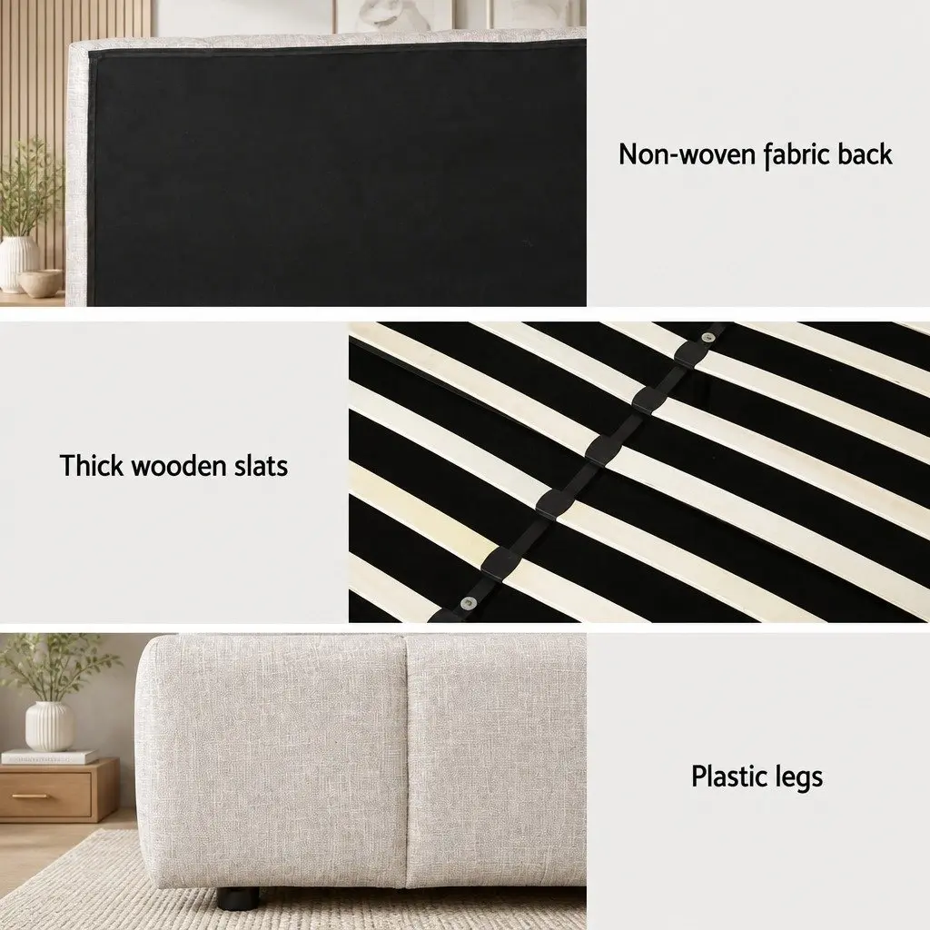 Queen Bed Frame Gas Lift Storage Upholstered Linen Beige 217cm x 165cm x 124cm