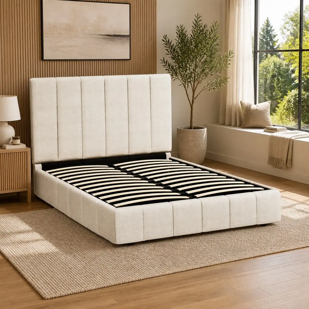 Queen Bed Frame Gas Lift Storage Upholstered Linen Beige 217cm x 165cm x 124cm
